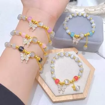 Женский браслет с эластичным шнуром, подвеска в виде бабочки, кисточка, искусственный опал, контрастный цвет C