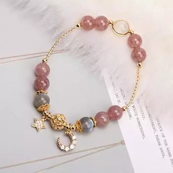 Женский браслет с гладкими бусинами, полированной звездой и луной, подвеской со стразами, регулируемый, для шопинга, работы, вечеринки, свиданий, запястья, цепочка, женские украшения розовый