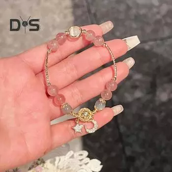 Женский браслет с гладкими бусинами, полированной звездой и луной, подвеской со стразами, регулируемый, для шопинга, работы, вечеринки, свиданий, запястья, цепочка, женские украшения розовый