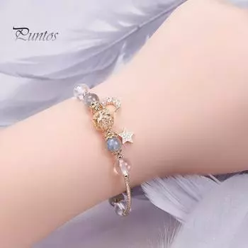 Женский браслет с гладкими бусинами, полированной звездой и луной, подвеской со стразами, регулируемый, для шопинга, работы, вечеринки, свиданий, запястья, цепочка, женские украшения B