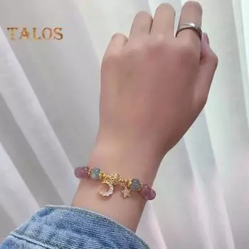 Женский браслет с гладкими бусинами, полированной звездой и луной, подвеской со стразами, регулируемый, для шопинга, работы, вечеринки, свиданий, запястья, цепочка, женские украшения розовый