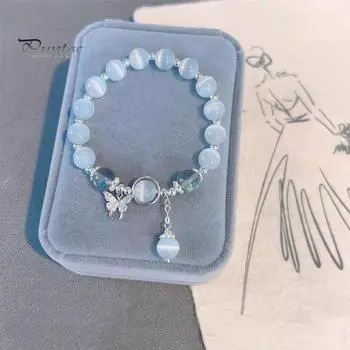 Женский браслет с имитацией опала, кулон-бабочка, гладкая резинка, регулярная посадка, женский подарок на день рождения, изысканный легкий браслет на запястье, ювелирные изделия серебряный