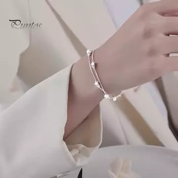 Женский браслет с подвесками в виде звезд, изящный двойной браслет из медного сплава, ювелирные изделия на руку, подарок на годовщину дня рождения для ее девушки, мамы, жены серебряный