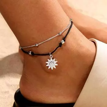 Женский браслет с подвеской от солнца, богемная ретро-цепочка, двухслойное украшение, регулируемая длина, цветной пляжный браслет для ног, аксессуар для ног серебряный