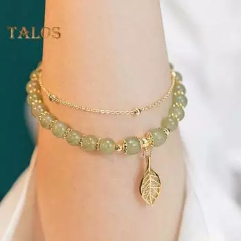 Женский браслет с подвеской в виде листа со стразами, двухслойный, регулируемая длина, искусственный нефрит, гладкий, контрастный цвет, роскошный браслет на удачу A