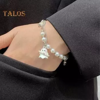 Женский браслет с подвеской в виде мультяшного привидения, искусственный жемчуг, подходящий по цвету, регулируемый, с удлиненной цепочкой, подарок на Хэллоуин, наручные украшения чёрный