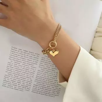 Женский браслет с подвеской в виде сердца, толстая цепочка, двухслойный регулируемый браслет с удлиненной цепочкой, блестящий сплав, запястье, ювелирные изделия золотистый
