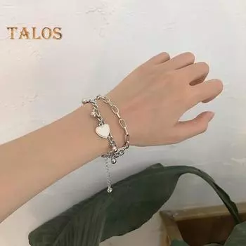 Женский браслет с полой цепочкой, подвеской в виде сердца, двухслойным зажимом-лобстером, бусиной из титановой стали, регулируемой длиной, гальванизированное запястье серебряный