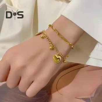 Женский браслет с полой цепочкой, подвеской в виде сердца, двухслойным зажимом-лобстером, бусиной из титановой стали, регулируемой длиной, гальванизированное запястье серебряный