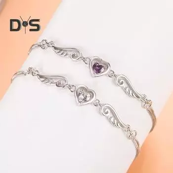 Женский браслет с сердцем из кубического циркония, регулируемая длина с удлиненной цепочкой, браслет с крыльями ангела, подарок на день рождения и годовщину белый