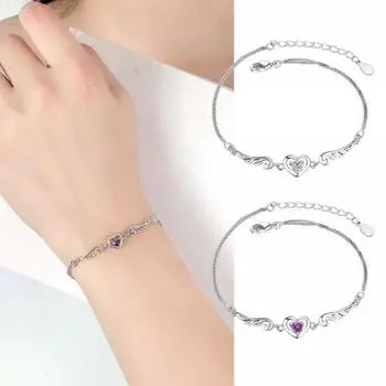 Женский браслет с сердцем из кубического циркония, регулируемая длина с удлиненной цепочкой, браслет с крыльями ангела, подарок на день рождения и годовщину белый