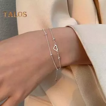 Женский браслет серебряного цвета, полированный, гальванизированный, двухслойный, медный, полое сердце, подвеска на запястье, ювелирное украшение, подарок на годовщину, день рождения, выпускной вечер серебряный