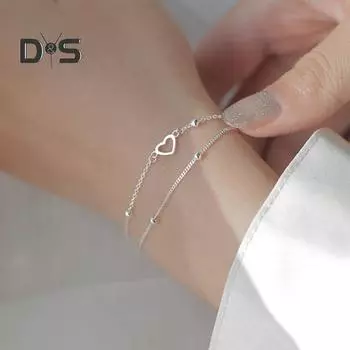 Женский браслет серебряного цвета, полированный, гальванизированный, двухслойный, медный, полое сердце, подвеска на запястье, ювелирное украшение, подарок на годовщину, день рождения, выпускной вечер серебряный