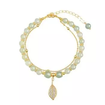 Женский браслет со стразами, подвеской в виде листа, двухслойный, регулируемой длины, из искусственного жадеита, гладкий, контрастного цвета, роскошный, на удачу A