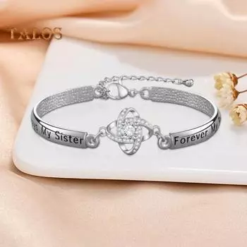 Женский браслет со стразами, подвеской в виде клевера, гравировкой, полированной медью, подарок для дочери, регулируемая длина, зажим-лобстер, украшения на запястье для разных целей серебряный