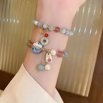 Женский браслет в этническом стиле, украшенный бисером, искусственный жемчуг, искусственный кристалл, эластичная веревка, приносит удачу, темперамент синий