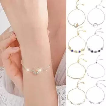 Женский браслет в форме сердца и луны, кубический регулируемый циркониевый декор, полый кулон, длина из нержавеющей стали, легкая кисточка D серебряный