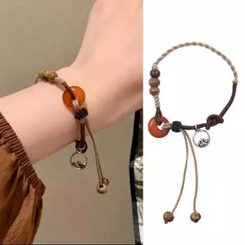 Женский браслет в китайском этническом стиле, плетеный гладкий кулон ручной работы из бисера, регулируемый женский браслет мира коричневый