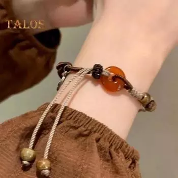 Женский браслет в китайском стиле, Ретро, этнический стиль, плетеный гладкий кулон ручной работы из бисера, регулируемый женский браслет на запястье мира коричневый