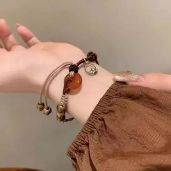 Женский браслет в китайском стиле, Ретро, этнический стиль, плетеный гладкий кулон ручной работы из бисера, регулируемый женский браслет на запястье мира коричневый