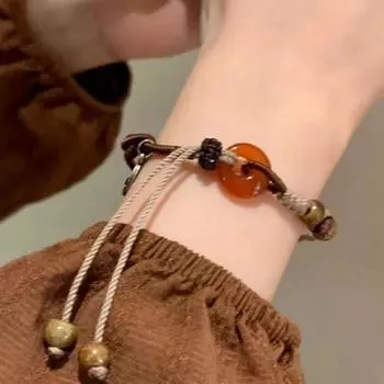 Женский браслет в китайском стиле в стиле ретро в этническом стиле ручной работы плетеный гладкий кулон из бисера коричневый