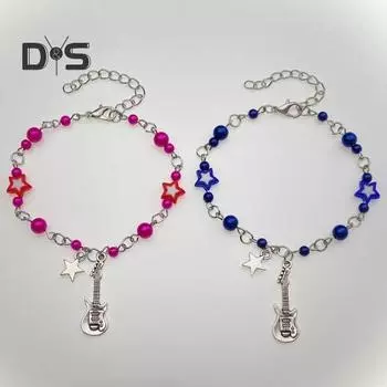Женский браслет в стиле панк, полые звезды, бусины, декор, кулон в виде гитары, браслет для друзей, регулируемый удлиненный браслет-цепочка A