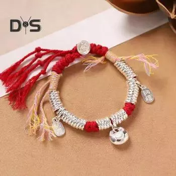 Женский браслет в стиле ретро, китайский, этнический, удачи, ручная работа, плетеный, регулируемый, подходит для всех размеров запястья, браслет с кисточками и подвеской A