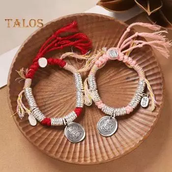 Женский браслет в стиле ретро, китайский, этнический, удачи, ручная работа, плетеный, регулируемый, подходит для всех размеров запястья, браслет с кисточками и подвеской A