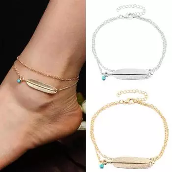 Женский браслет в стиле ретро с бирюзовым бисером и перьями, браслет на щиколотке, босиком, ножные браслеты золотистый