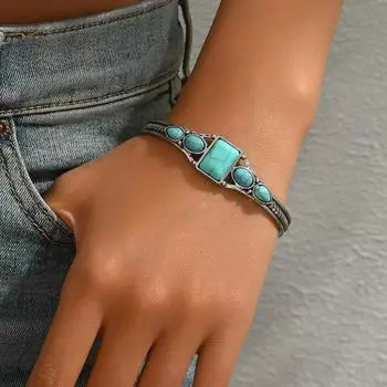 Женский браслет в стиле ретро с открывающейся регулируемой застежкой, геометрическим инкрустированным узором из бирюзы, ювелирное украшение для женщин