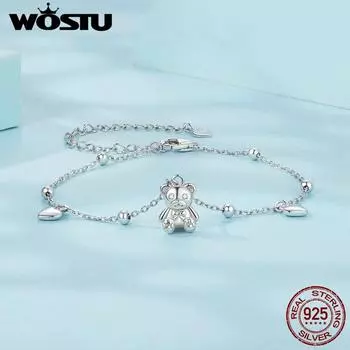 Женский браслет WOSTU из стерлингового серебра 925 пробы с милым медвежонком, оригинальный регулируемый браслет с животными, подарочные ювелирные изделия 925 silver