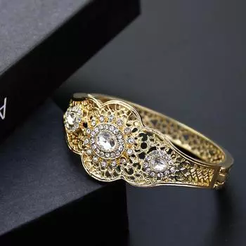 Женский браслет золотого цвета с кристаллами, полые браслеты для невесты, свадебные украшения, браслет-манжета с цветком белый