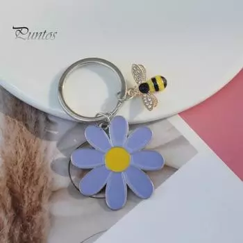 Женский брелок для ключей с цветком и пчелой, брелок с блестящими стразами, инкрустированный, небольшого размера, брелок для сумочки, аксессуары белый