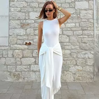 Женский бретельчатый дизайн Sense Waist Thin Vest Pure Color Temperament Hip Open Dresses S белый