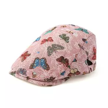 Женский британский ретро берет с принтом бабочек и козырьком розовый