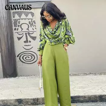 Женский брючный костюм больших размеров на весну и осень, рубашка с рукавами-фонариками и широкими брюками, повседневный костюм