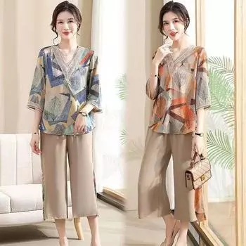 Женский брючный костюм для матери среднего возраста, летняя одежда с винтажным принтом, повседневный комплект из двух предметов XXXL синий