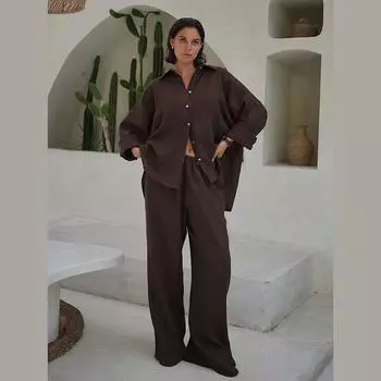 Женский брючный костюм из хлопка и льна, повседневный, свободный, однотонный, на пуговицах, рубашка и брюки, летний, для леди, повседневный шик, свободные брюки, новый S