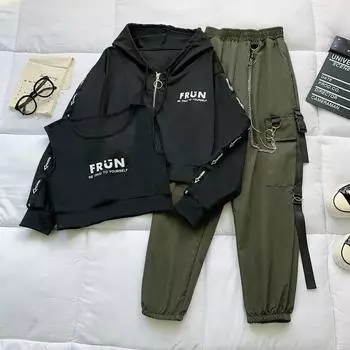 Женский брючный костюм-карго, комплект из 3 предметов, свободный спортивный кардиган с капюшоном + жилет + брюки, комплект из трех предметов с буквенным принтом-цепочкой XS