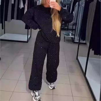 Женский брючный костюм осень-зима новый топ с круглым вырезом и длинными рукавами, спортивные штаны на шнурке, модные женские комплекты из 2 предметов S чёрный