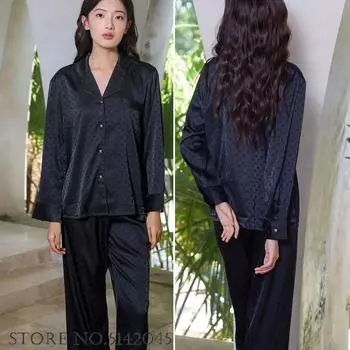 Женский брючный костюм с длинным рукавом, домашняя одежда, черная жаккардовая атласная пижама, одежда для сна, комплект из двух предметов, весна-осень, повседневная домашняя одежда M