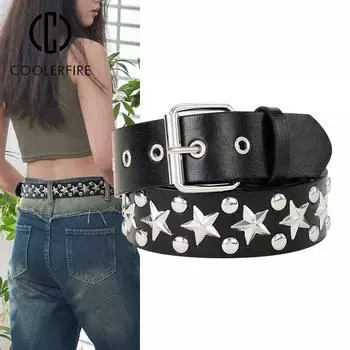 Женский брючный ремень со звездами, ремень с шипами, готический винтажный панк-модный ковбойский пояс из искусственной кожи для джинсов Y2K, женский ремень NV015 105CM чёрный