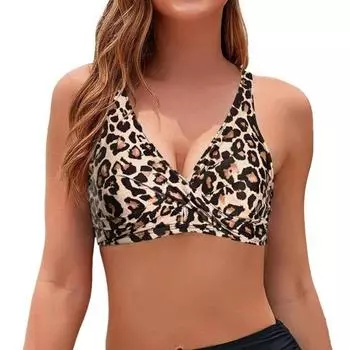 Женский бюстгальтер бикини с V-образным вырезом, без рукавов, топы с леопардовым принтом, открытая спина, дизайн с узлом, пуш-ап топы, купальник M