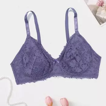 Женский бюстгальтер больших размеров, сексуальное цветочное кружевное нижнее белье с подкладкой, полупрозрачное нижнее белье с косточками, чашка CDE, бюстгальтер-бралетт для зимы 90E фиолетовый