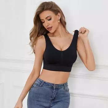 Женский бюстгальтер для йоги с V-образным вырезом, эластичный шелковый бюстгальтер без рисунка, укороченный топ для занятий спортом, фитнеса, бега, спортивных бюстгальтеров S чёрный