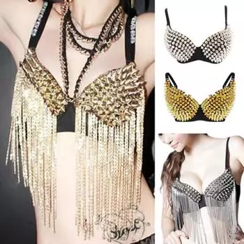 Женский бюстгальтер для выступлений с заклепками, декором, длинной кисточкой, бретельками-спагетти, для ночного клуба, вечеринок, стриптиза, шоу, коктейльных вечеринок S золотистый