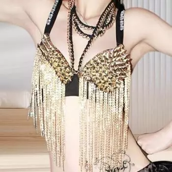 Женский бюстгальтер для выступлений с заклепками и декором, с длинными кисточками, на тонких бретельках для ночного клуба, вечеринки, танца на шесте S