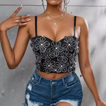 Женский бюстгальтер Fishbone с яркими стразами и бриллиантами, укороченный топ с подтяжками, корсет для клубной вечеринки, женский жилет S чёрный