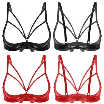 Женский бюстгальтер из лакированной кожи на косточках с открытыми чашечками и регулируемыми бретельками, нижнее белье, клубная одежда, топы S