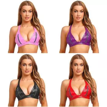 Женский бюстгальтер из лакированной кожи с мокрым эффектом, на молнии спереди, с Y-образной спинкой, кроп-топ-бралетт, без подкладки, для вечеринки, дискотеки S